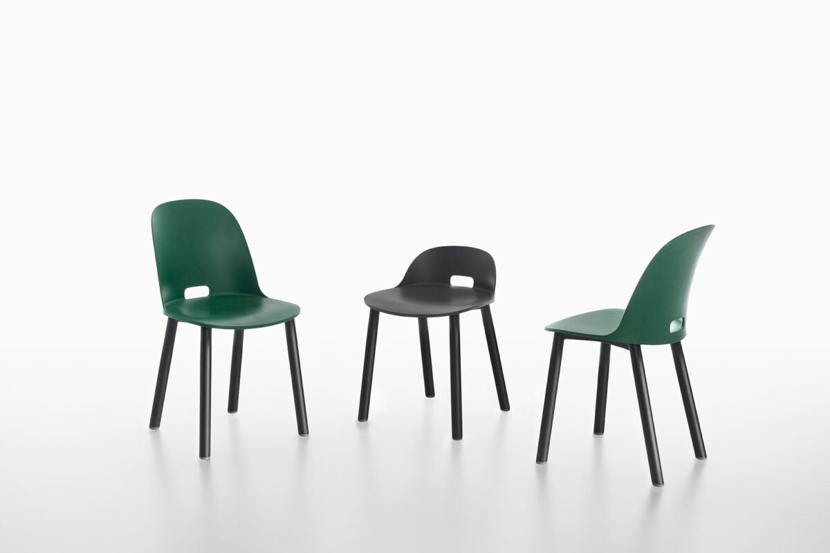 Sustainable Alfi Aluminum Chair by Jasper Morrison, Emeco – Featuring reclaimed polypropylene and wood fiber seat.
