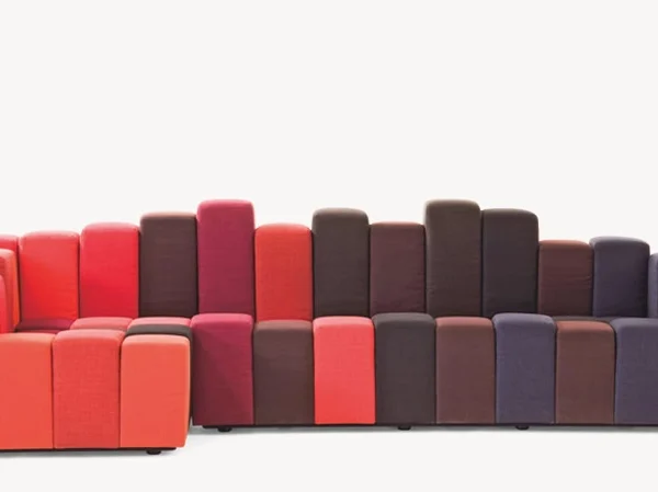 Do‑Lo‑Rez by Moroso in red Kvadrat upholstery modular cubes, front view in a Royal Oak Michigan showroom