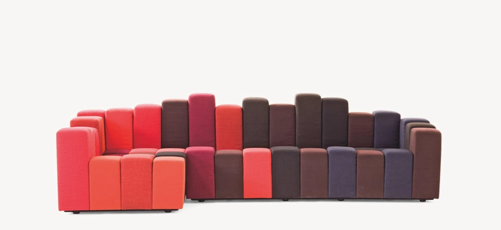 Do‑Lo‑Rez by Moroso in red Kvadrat upholstery modular cubes, front view in a Royal Oak Michigan showroom