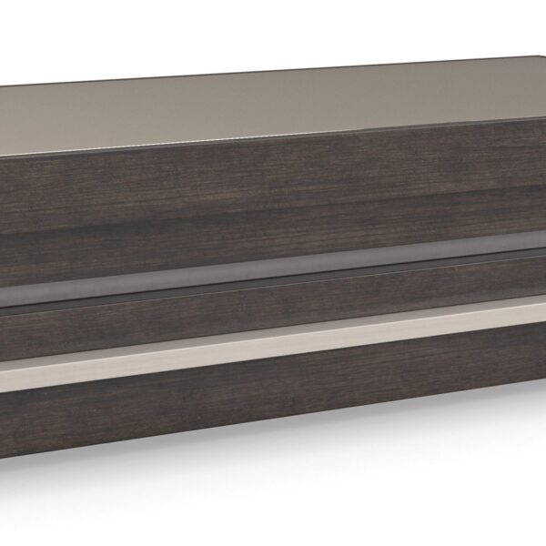 La Moda Cocktail Table by Caracole — sleek rectangular table with smoked glass top and metal frame.