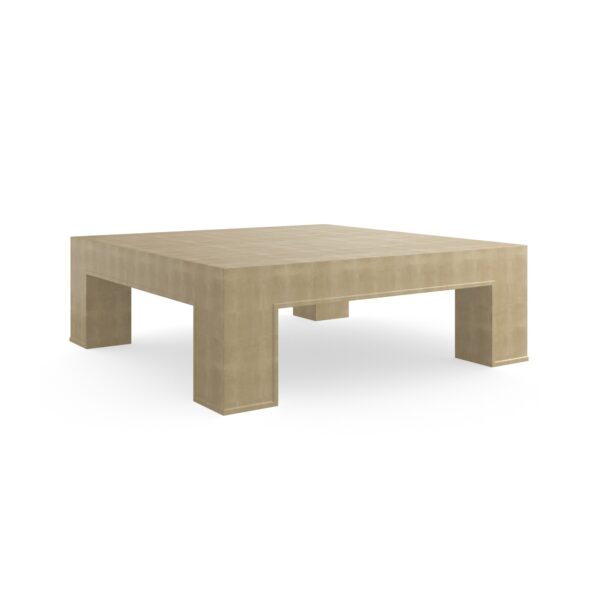 Dorado Cocktail Table by Caracole — a glamorous rectangular table with a metallic gold base and glass top.