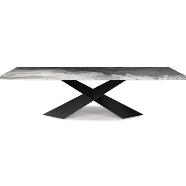 “TYRON Crystalart by Cattelan Italia – luxury fixed dining table with artistic printed CrystalArt glass top and sculptural metal base”
