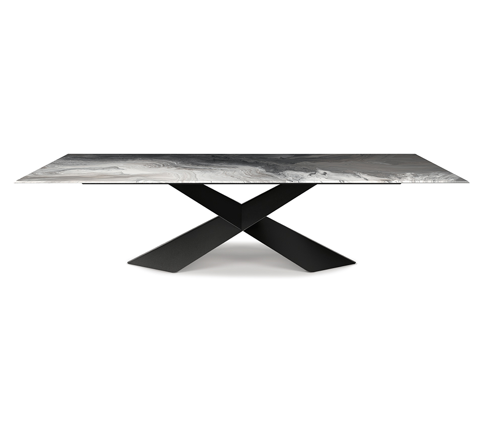 “TYRON Crystalart by Cattelan Italia – luxury fixed dining table with artistic printed CrystalArt glass top and sculptural metal base”