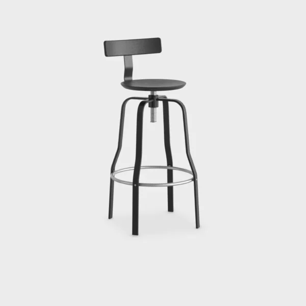 “Lapalma Giro S106 stool with swivel seat and height-adjustable screw mechanism, featuring a sandblasted stainless steel base and footrest.”