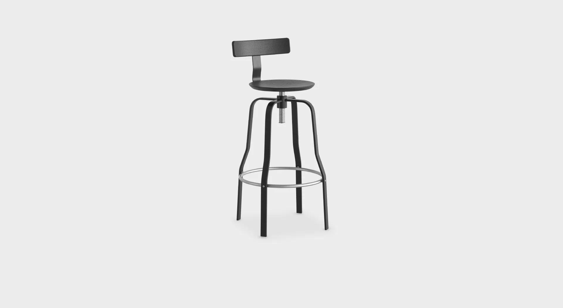 “Lapalma Giro S106 stool with swivel seat and height-adjustable screw mechanism, featuring a sandblasted stainless steel base and footrest.”