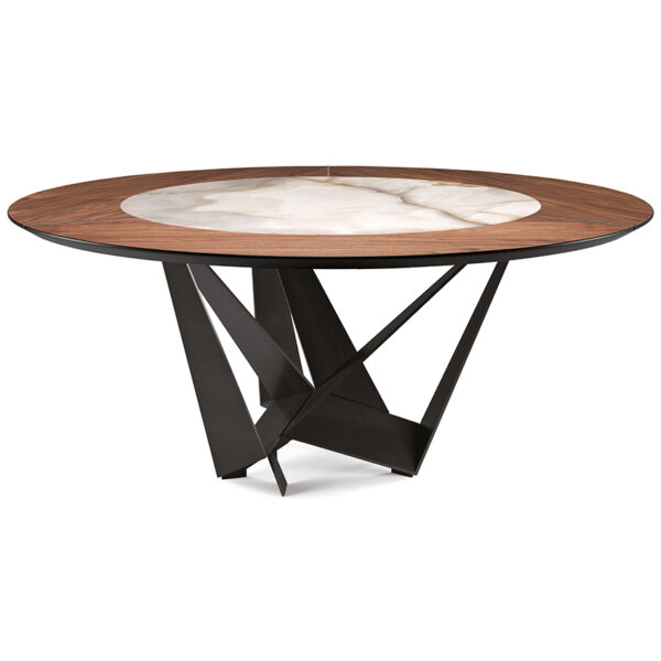 “SKORPIO Ker-Wood Round by Cattelan Italia – luxury round dining table with ceramic and wood top and sculptural steel base”