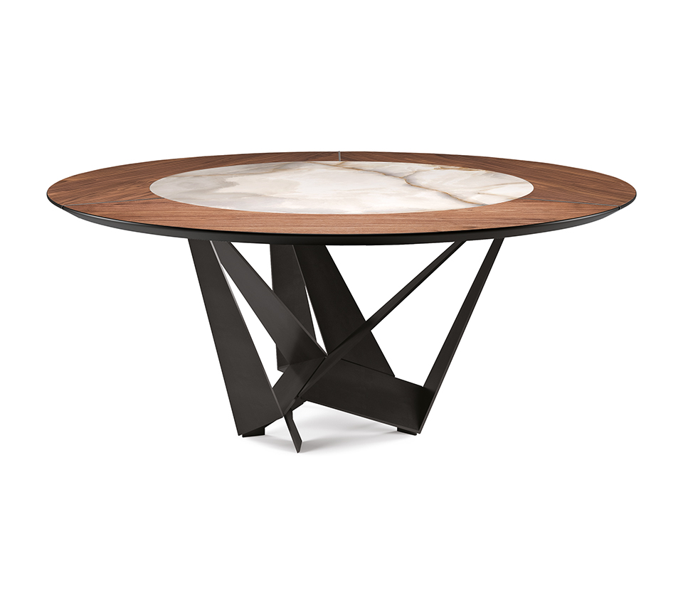 “SKORPIO Ker-Wood Round by Cattelan Italia – luxury round dining table with ceramic and wood top and sculptural steel base”