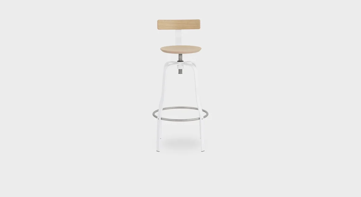 “Close-up of the S106 stool's footrest and seat joint, demonstrating Lapalma's attention to detail and craftsmanship.”