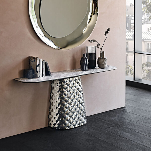 “ATRIUM Keramik by Cattelan Italia – luxury dining table with ceramic top and mirrored glass base featuring sculptural folds”