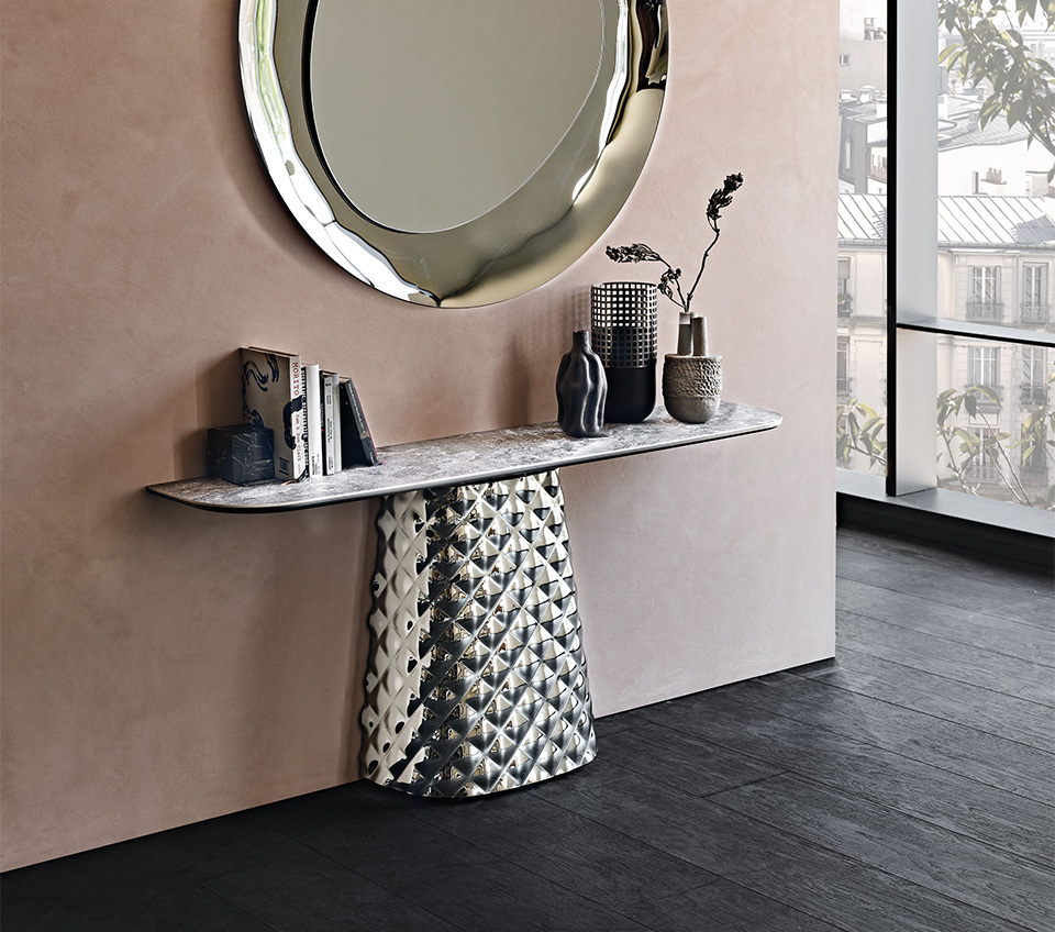 “ATRIUM Keramik by Cattelan Italia – luxury dining table with ceramic top and mirrored glass base featuring sculptural folds”