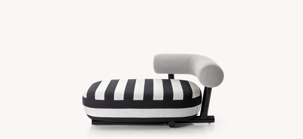 Pipe chaise longue by Moroso in modern Italian tubular frame and plush upholstery, front view in a Royal Oak Michigan showroom