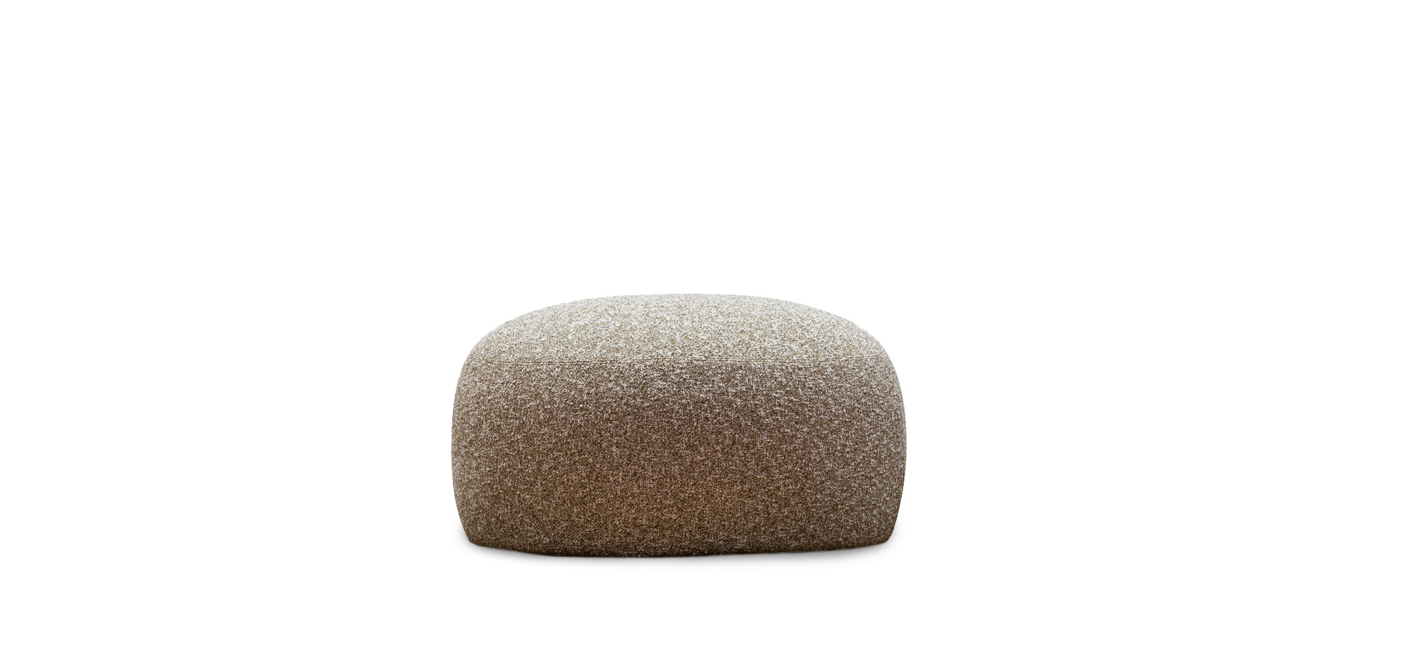 Pacific pouf by Moroso in soft camel-colored fabric with smooth rounded edges, placed next to a modern sofa