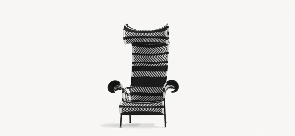 Shadowy by Moroso in deep charcoal Italian upholstery, front view in a Royal Oak Michigan showroom