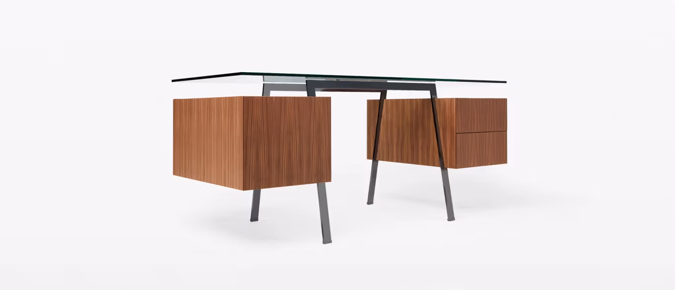 Homework desk by Bensen in natural wood finish with slim legs and minimalist design in a bright home office
