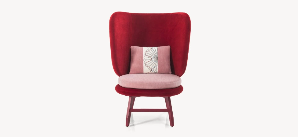 Ayub armchair by Moroso detail shot of ergonomic seat depth and curved arm contours in a Troy Michigan showroom