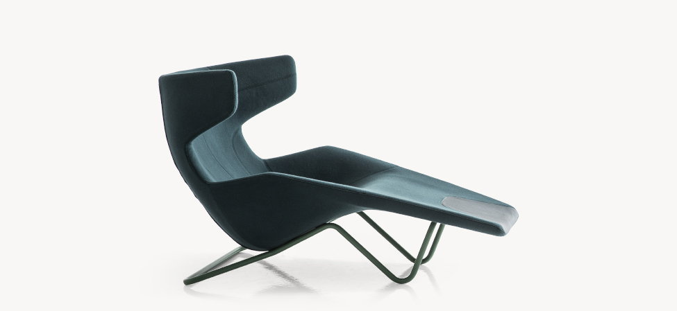 Take a Line For a Walk chaise longue by Moroso in continuous Italian metal frame and premium upholstery, front view in a Royal Oak Michigan showroom