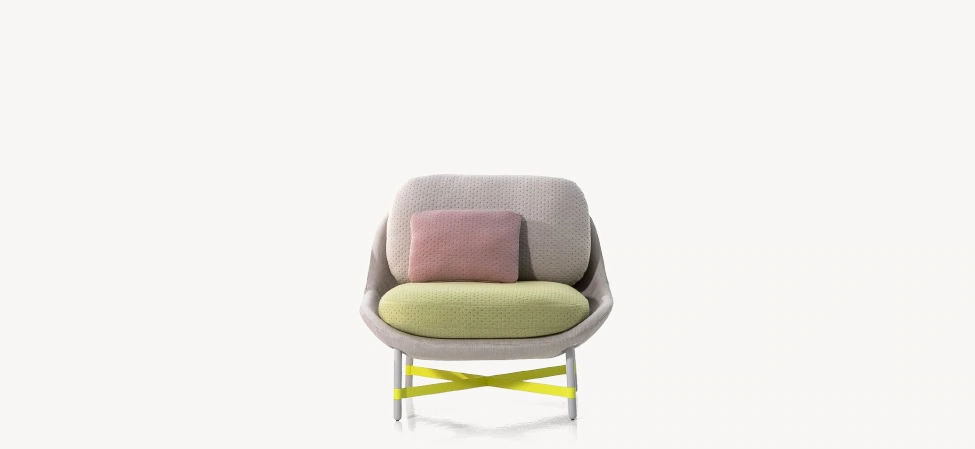 Ottoman by Moroso detail shot of metal leg base and seat depth in a Troy Michigan showroom