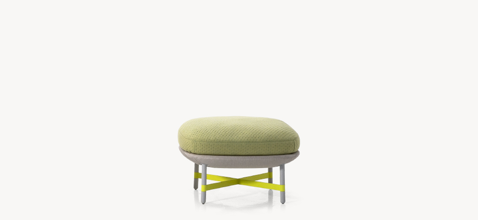 Dew pouf by Moroso in black and bone‑white leather, with optical‑art striping and round, droplet‑like shape