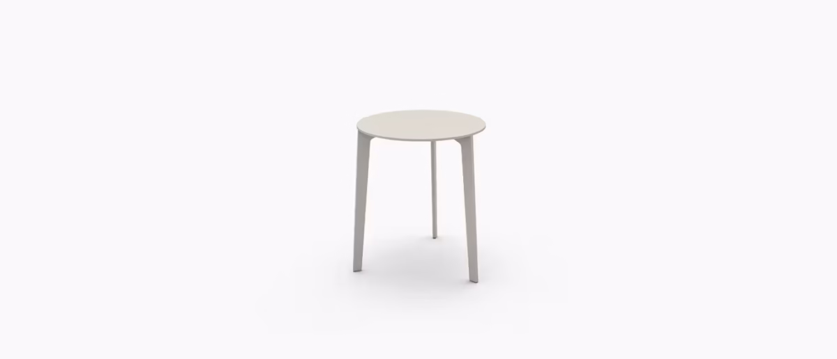 "Outdoor Side Table by Bensen with round Polaris laminate top and sand-gray aluminum legs"