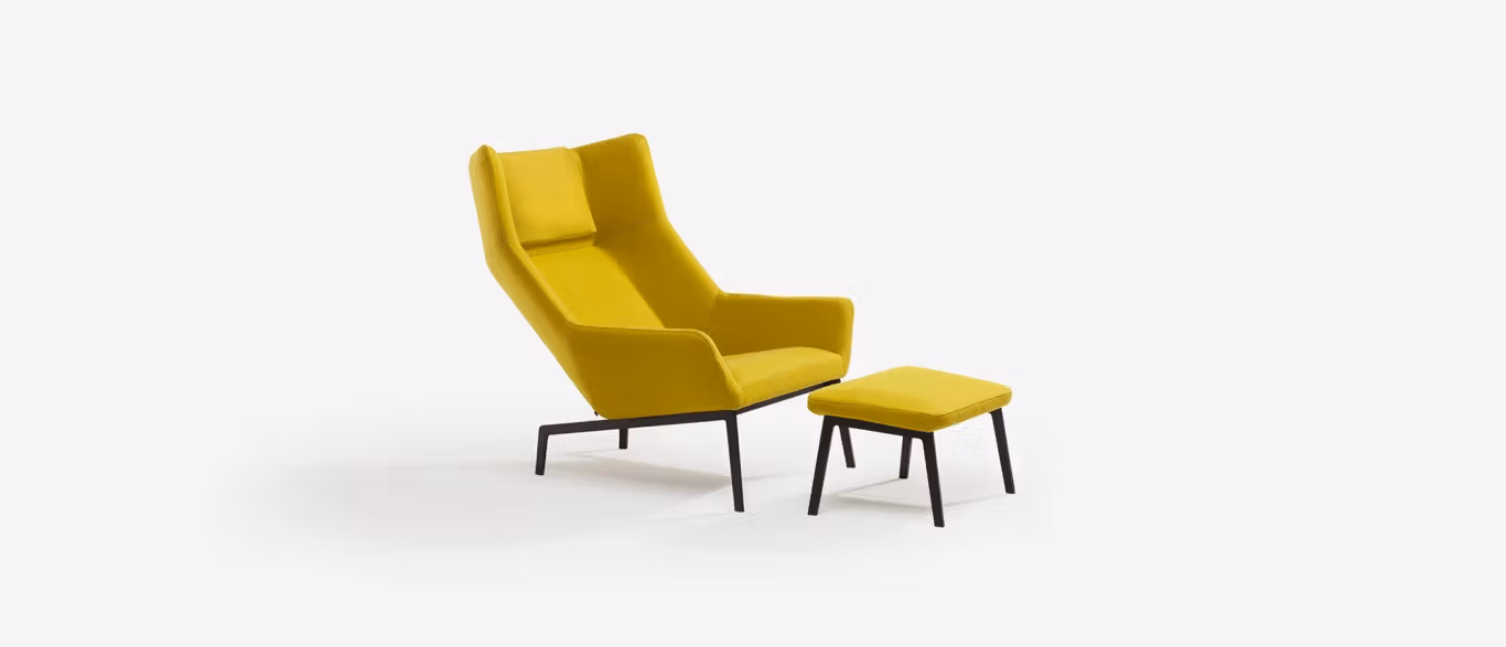 "Bensen Park lounge chair: contemporary wing‑back in fabric with steel base"