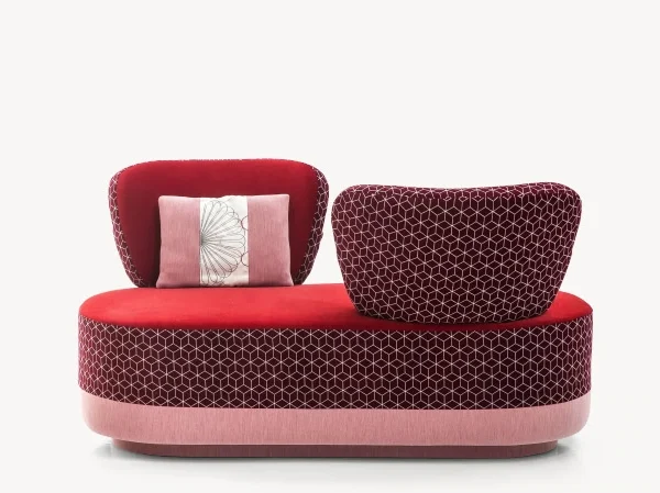 Juju Rendezvous Sofa by Moroso featuring bold, rounded cushions and low profile, front view in a Royal Oak Michigan showroom