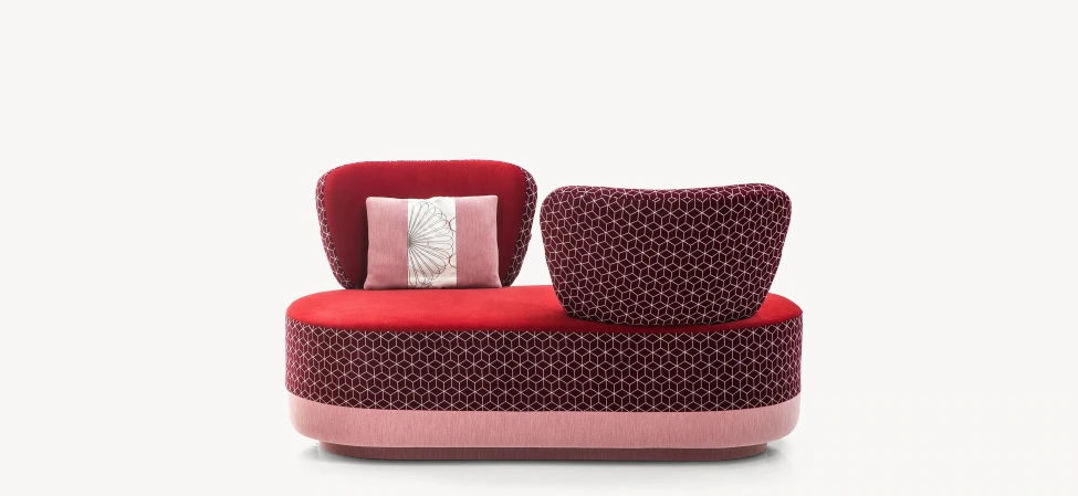 Juju Rendezvous Sofa by Moroso featuring bold, rounded cushions and low profile, front view in a Royal Oak Michigan showroom