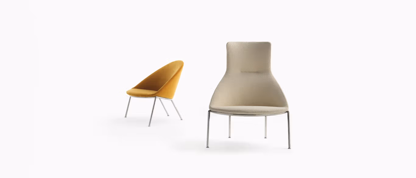 Circa Lounge Chair by Bensen in soft gray fabric with curved backrest and minimalist metal base in a modern living space
