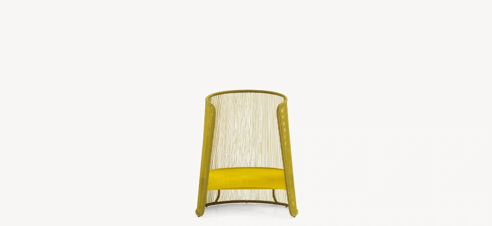 usk by Moroso in contoured Italian fabric shell with slim metal legs, front view in a Royal Oak Michigan showroom