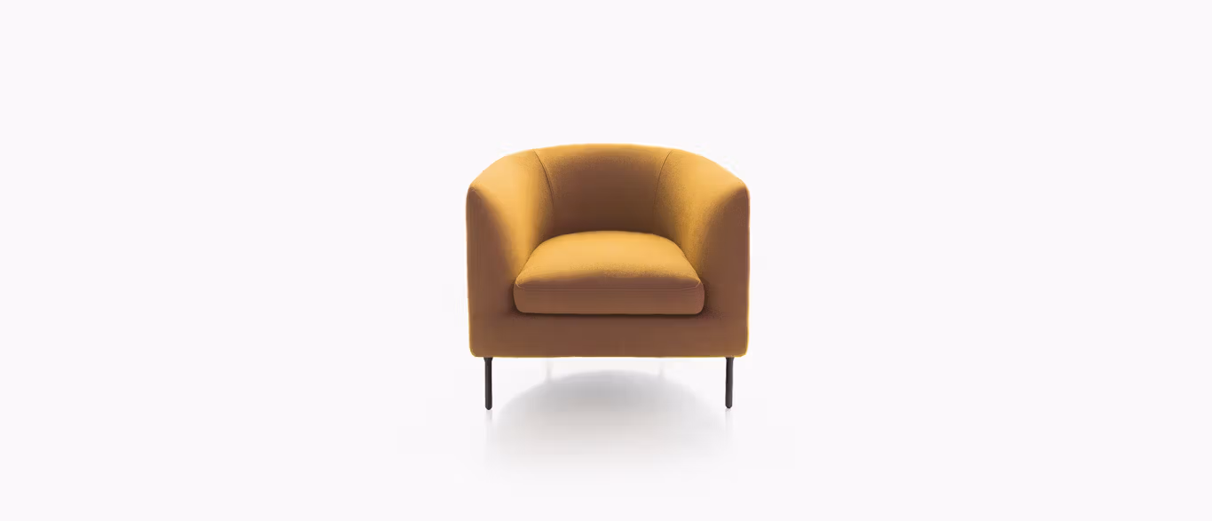 Delta Club Chair by Bensen in soft gray fabric with wide arms and plush seat cushion in a contemporary living room