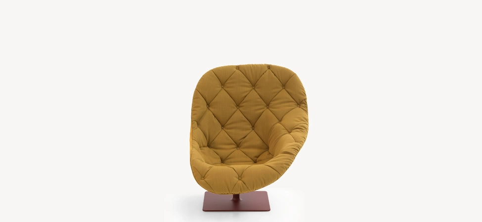 Bohemian armchair by Moroso in eclectic Italian fabric, front view in a Royal Oak Michigan showroom
