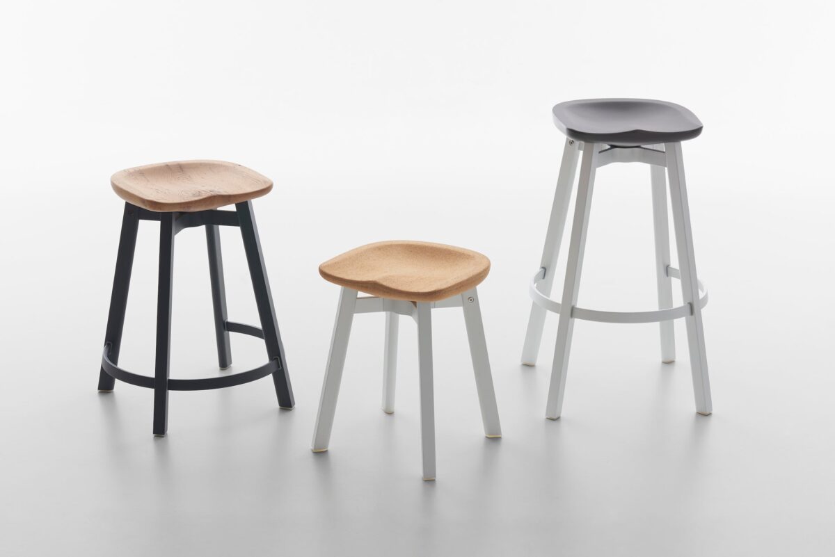 Modern SU Small Stool by Nendo, showcasing reclaimed oak and anodized aluminum frame.