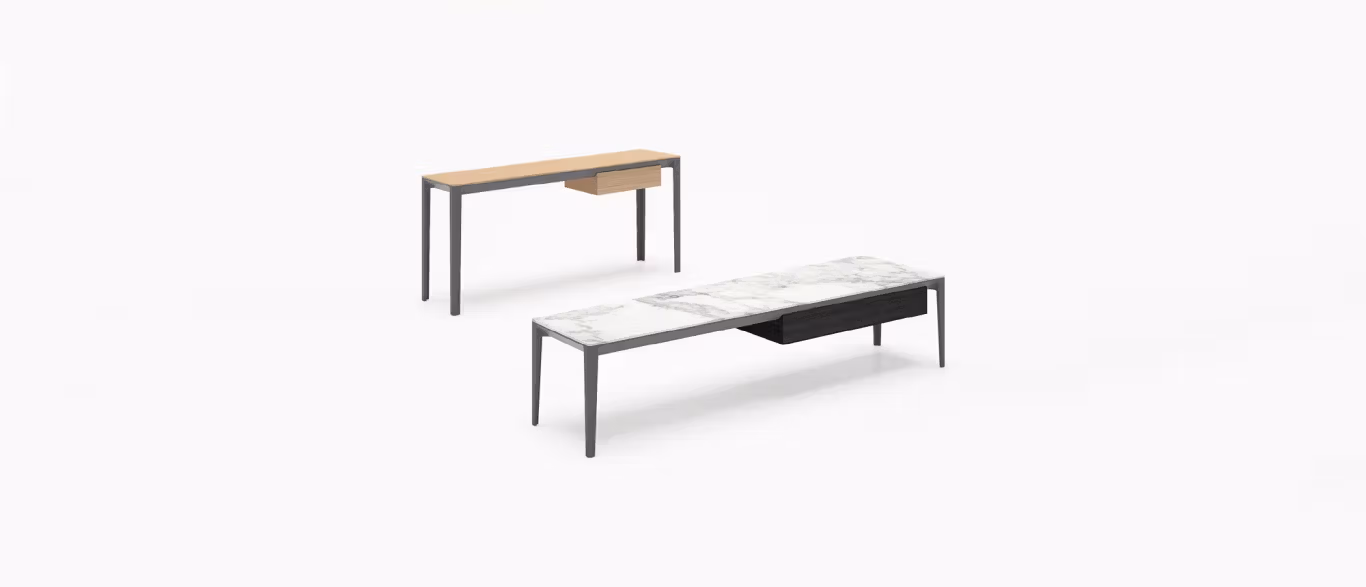 Able Desk by Bensen with slim wood top and sleek metal legs in a minimalist home office