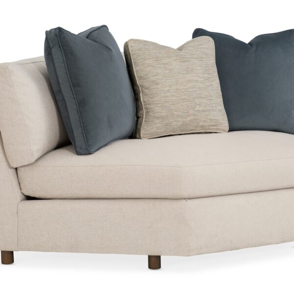 Caracole I'm Shelf-ish sectional featuring a neutral linen-like fabric with a modern herringbone pattern, wide shelf-arm design, Smoked Sable wood base, and integrated pop-up AC and USB charging ports.