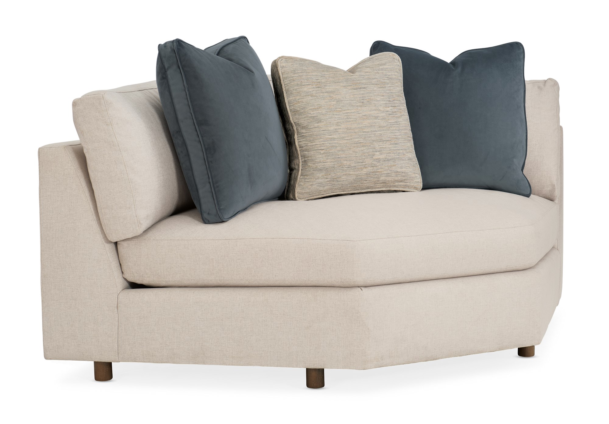 Caracole I'm Shelf-ish sectional featuring a neutral linen-like fabric with a modern herringbone pattern, wide shelf-arm design, Smoked Sable wood base, and integrated pop-up AC and USB charging ports.