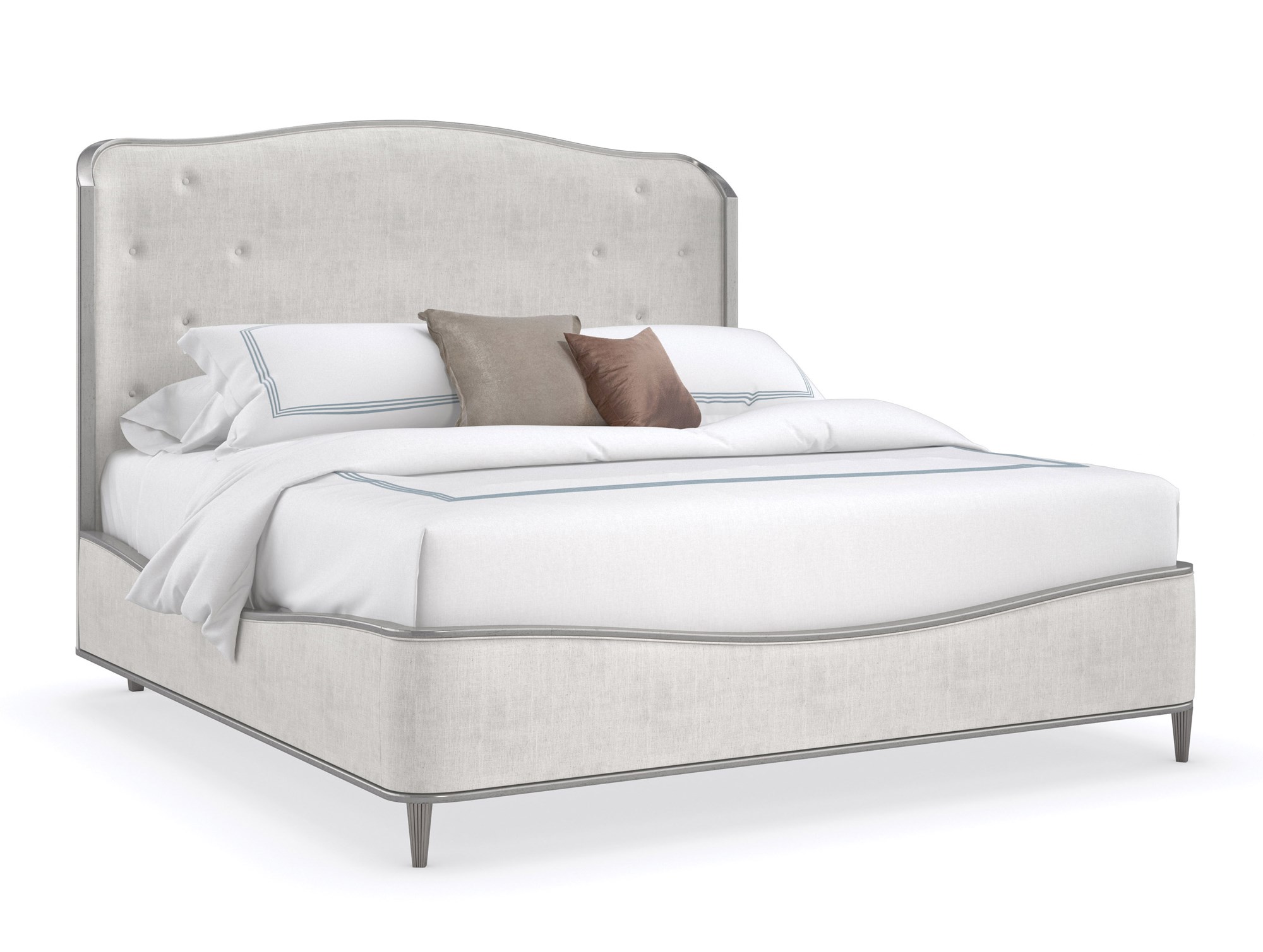 Caracole Clear The Air King Bed featuring a neutral performance linen upholstered headboard with button-pull details, footboard, and side rails, accented with Silver Charm wood trim and legs.