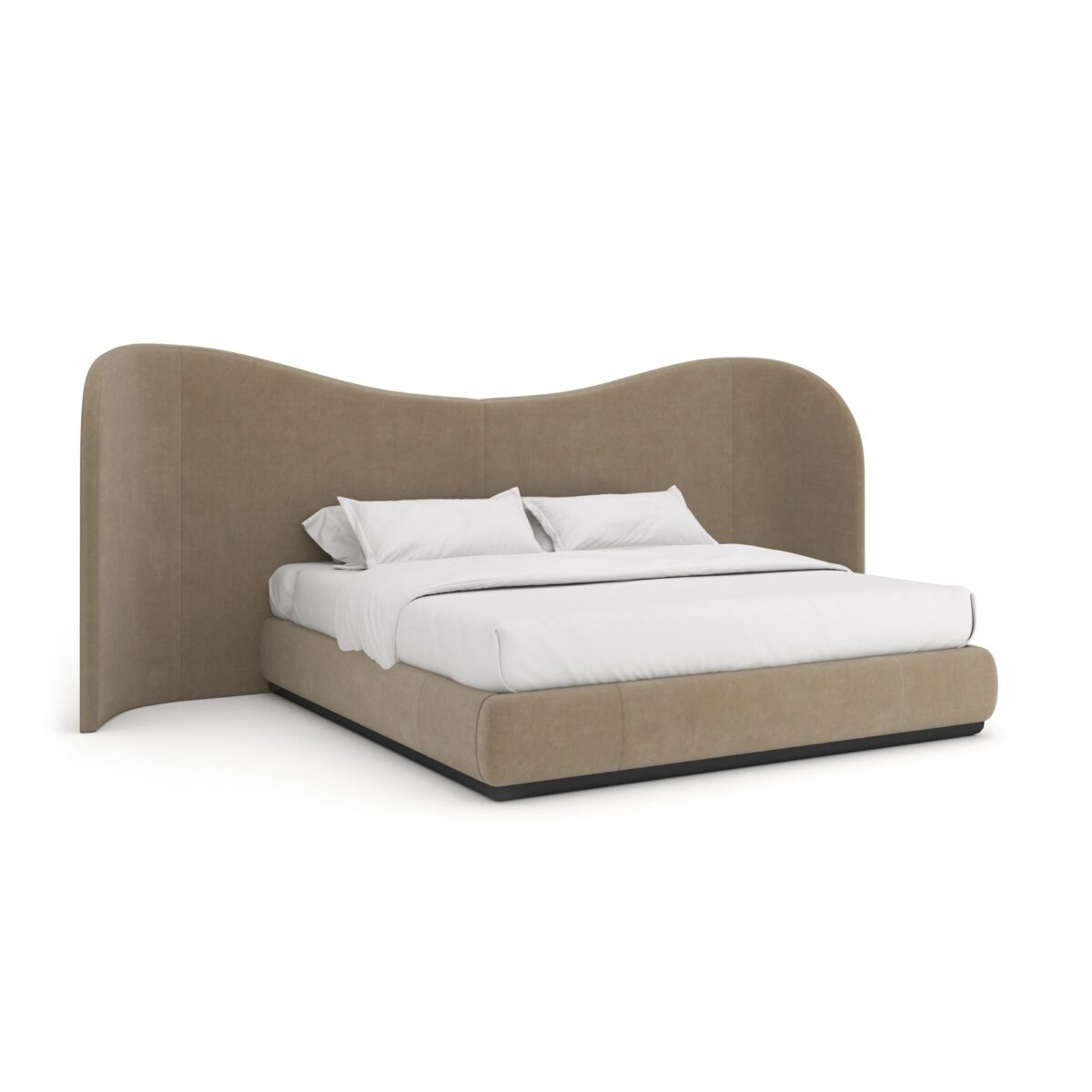 Caracole Clio King Bed featuring an undulating headboard fully upholstered in ultra-soft Dark Taupe angora-like velvet, with sideboards and footboard in matching fabric, and a Dark Chocolate wood base.