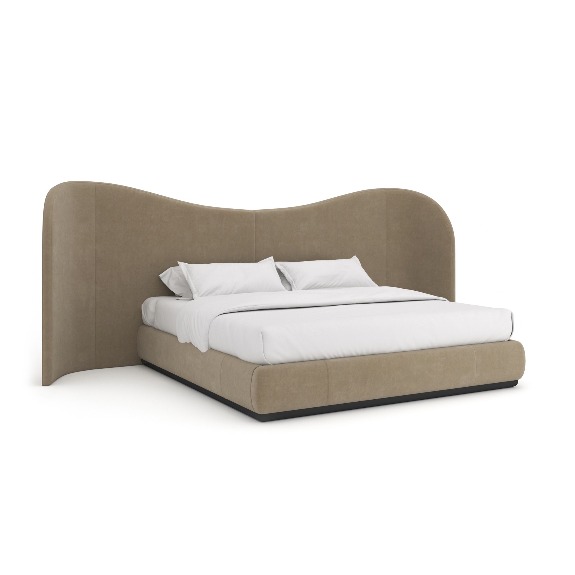 Caracole Clio King Bed featuring an undulating headboard fully upholstered in ultra-soft Dark Taupe angora-like velvet, with sideboards and footboard in matching fabric, and a Dark Chocolate wood base.