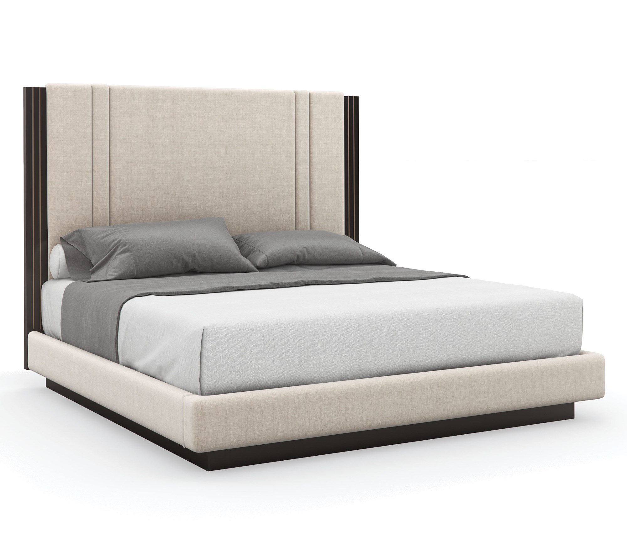 Caracole Decent Proposal King Bed featuring a light-toned performance fabric upholstered headboard, footboard, and side rails, with Dark Chocolate trim and Champagne Gold metal inlay accents, set on a Dark Chocolate plinth base.