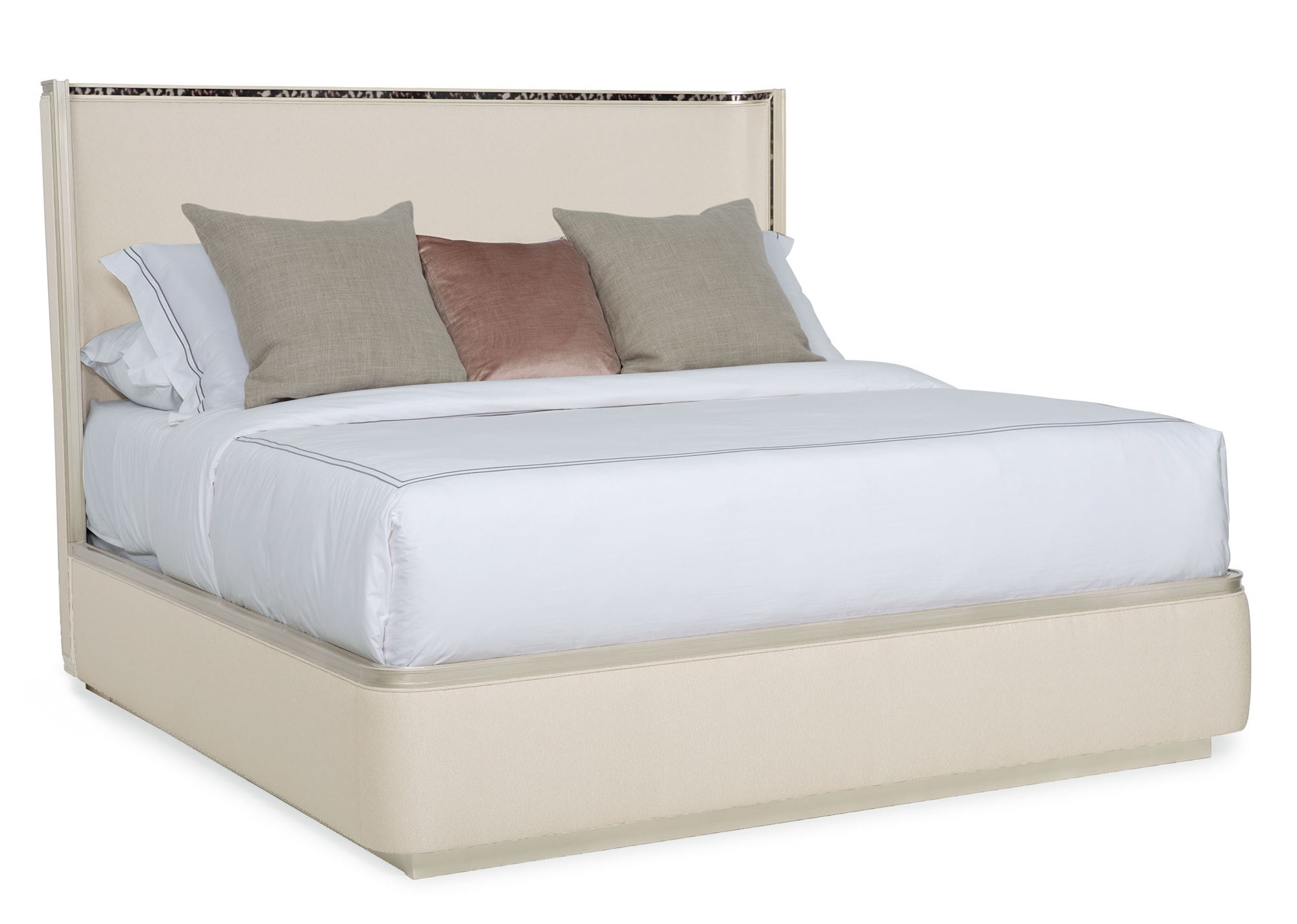 Caracole Dream Big California King Bed featuring a gently curving headboard with acrylic tortoise shell-inspired inlay, upholstered footboard and side rails in performance fabric, and a contemporary plinth base in Soft Silver Paint.