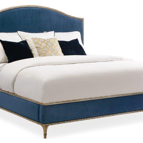Caracole Fontainebleau Platform King Bed featuring a fully upholstered frame with exposed wood trim finished in Oracle Silver Leaf, complemented by an adjustable height bedding support.