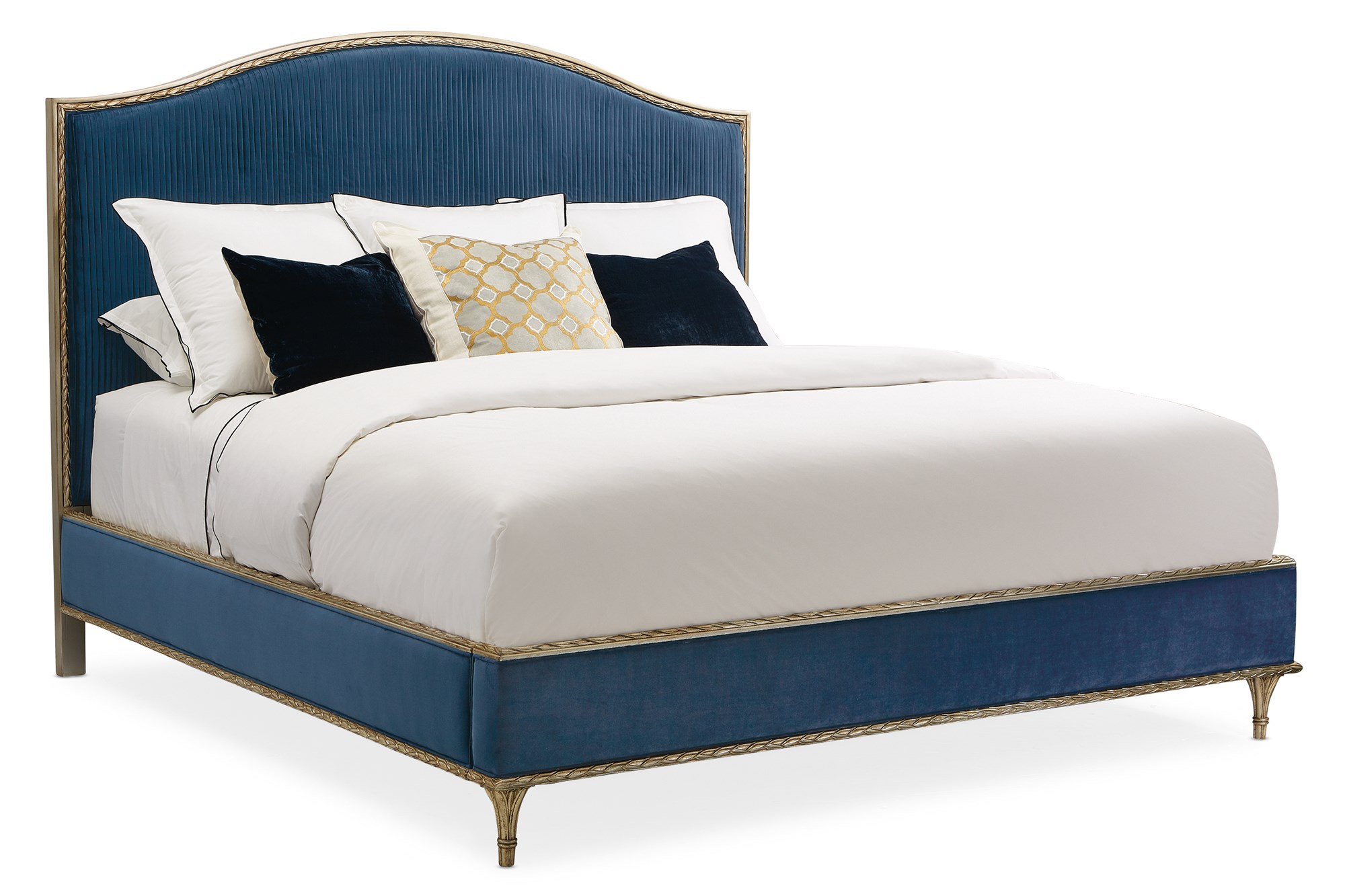 Caracole Fontainebleau Platform King Bed featuring a fully upholstered frame with exposed wood trim finished in Oracle Silver Leaf, complemented by an adjustable height bedding support.