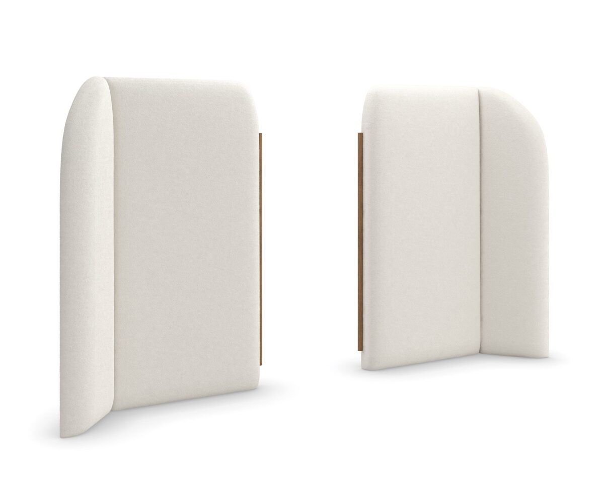 Caracole Malta Upholstered Bed Panels featuring sculptural wing panels fully upholstered in white deep-pile microfiber with Toasted Pecan wood trim, extending the headboard on either side for an architectural yet soft aesthetic.