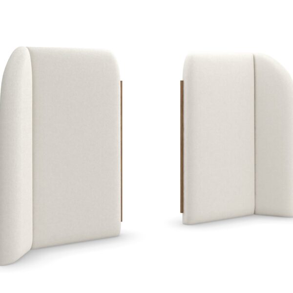 Caracole Malta Upholstered Bed Panels featuring sculptural wing panels fully upholstered in white deep-pile microfiber with Toasted Pecan wood trim, extending the headboard on either side for an architectural yet soft aesthetic.