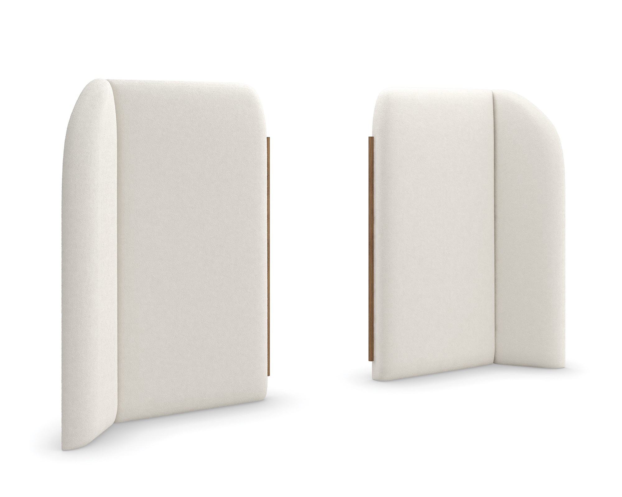 Caracole Malta Upholstered Bed Panels featuring sculptural wing panels fully upholstered in white deep-pile microfiber with Toasted Pecan wood trim, extending the headboard on either side for an architectural yet soft aesthetic.