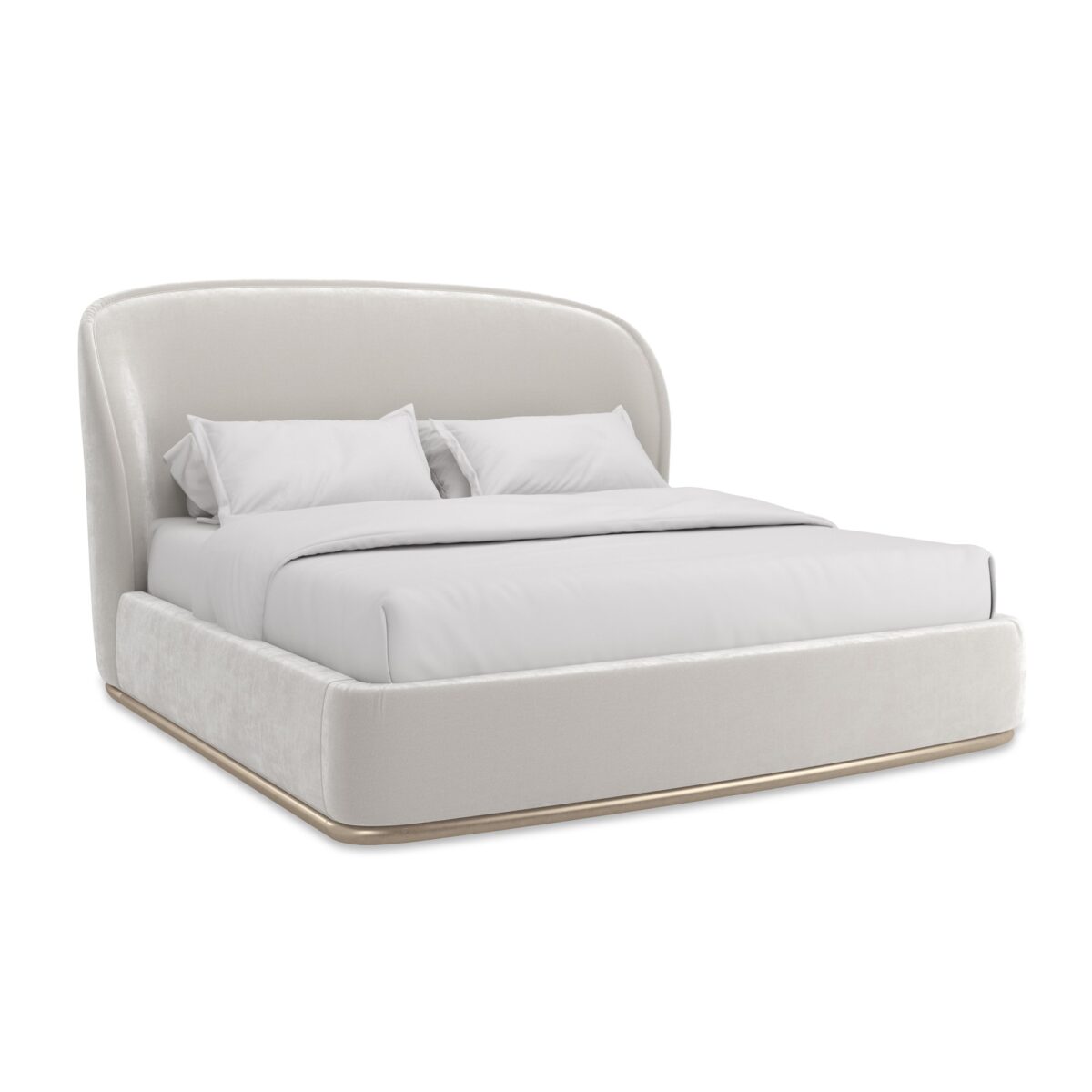 Caracole Opal King Bed featuring a fully upholstered frame in Alabaster faux-mohair velvet, with a sweeping curved back and slim plinth wood base finished in Charcoal Leaf.