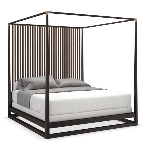 Caracole Pinstripe King Bed featuring a canopy frame in Dark Chocolate finish, complemented by vertical Rich Walnut slats on the headboard, and accented with Champagne Gold metal brackets, creating a modern and elevated look.