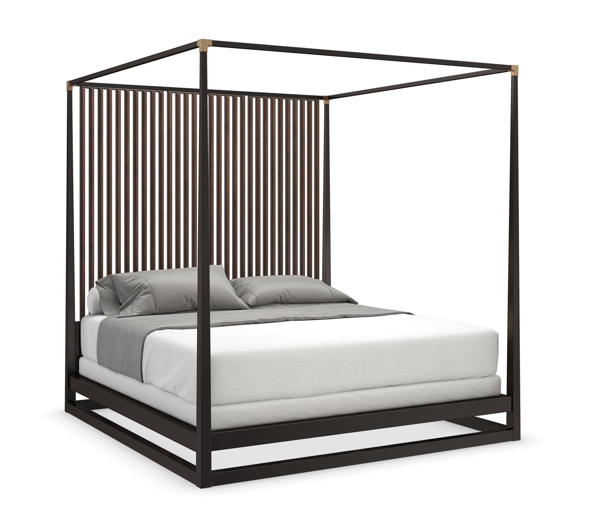 Caracole Pinstripe King Bed featuring a canopy frame in Dark Chocolate finish, complemented by vertical Rich Walnut slats on the headboard, and accented with Champagne Gold metal brackets, creating a modern and elevated look.