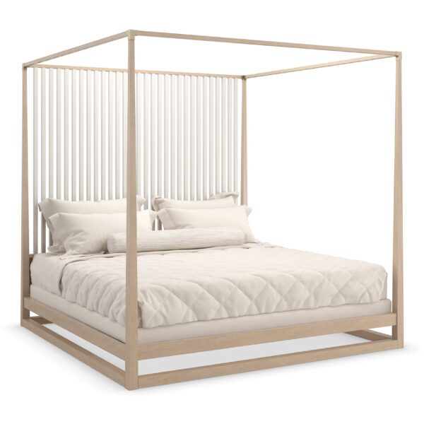 Caracole Pinstripe Light King Bed featuring a canopy frame and posts in Sun Drenched Oak, complemented by cascading vertical slats in Almond Milk finish, and accented with Champagne Gold metal post brackets.