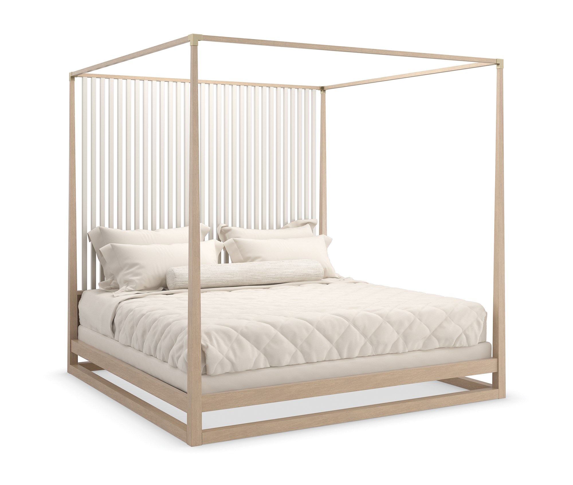Caracole Pinstripe Light King Bed featuring a canopy frame and posts in Sun Drenched Oak, complemented by cascading vertical slats in Almond Milk finish, and accented with Champagne Gold metal post brackets.