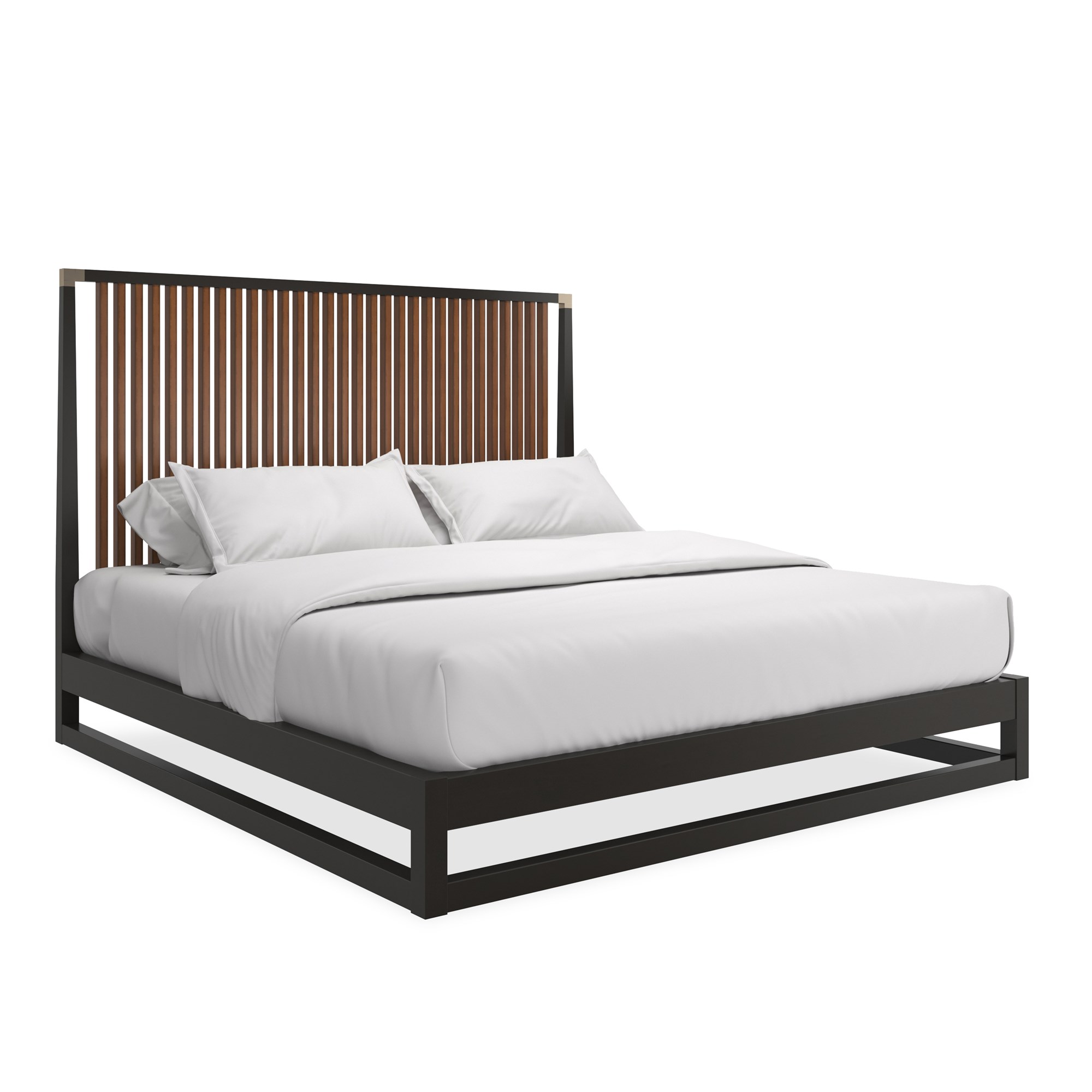 Caracole Pinstripe Slatted King Bed featuring a raised, see-through frame and headboard crafted from Asian hardwood in Dark Chocolate, complemented by vertical Rich Walnut slats and Champagne Gold metal brackets, designed for mattress-only use.
